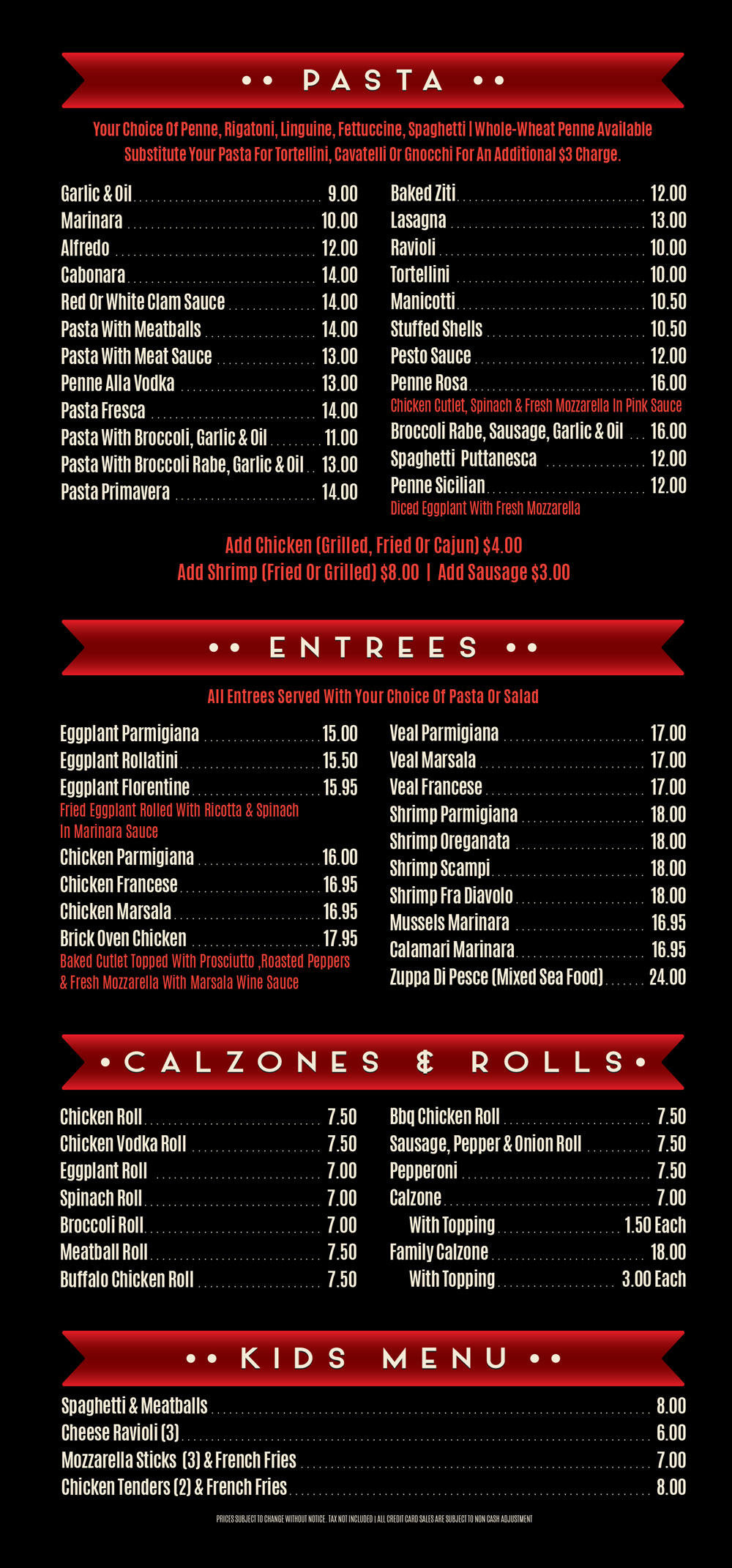 Napoli Pizza Menu